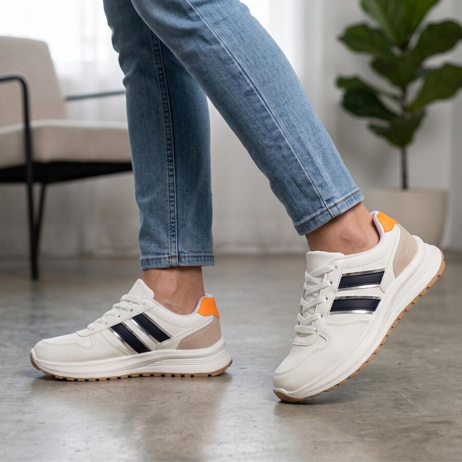 Women's White Lace-Up Low-Top Sneakers, सफ़ेद, large