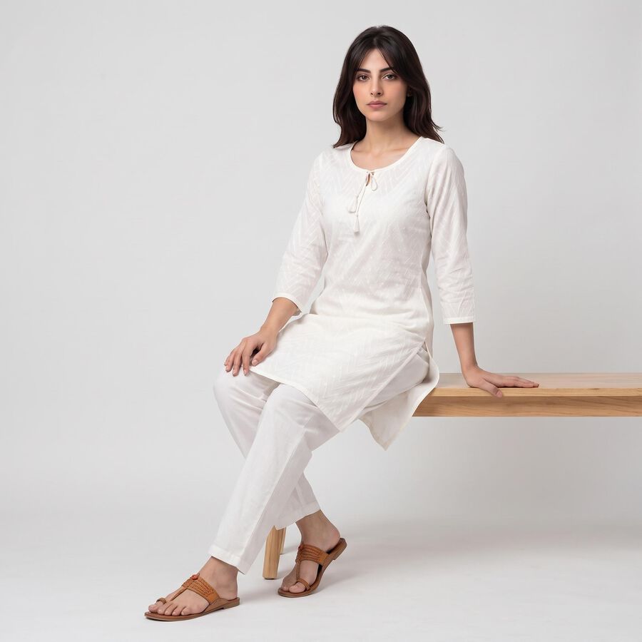 Women's White Keyhole Neck Embroidered Straight Kurta, सफ़ेद, large