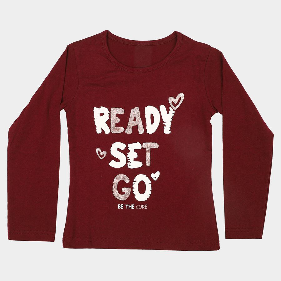 Girls' Wine Round Neck Regular Top, Wine, large
