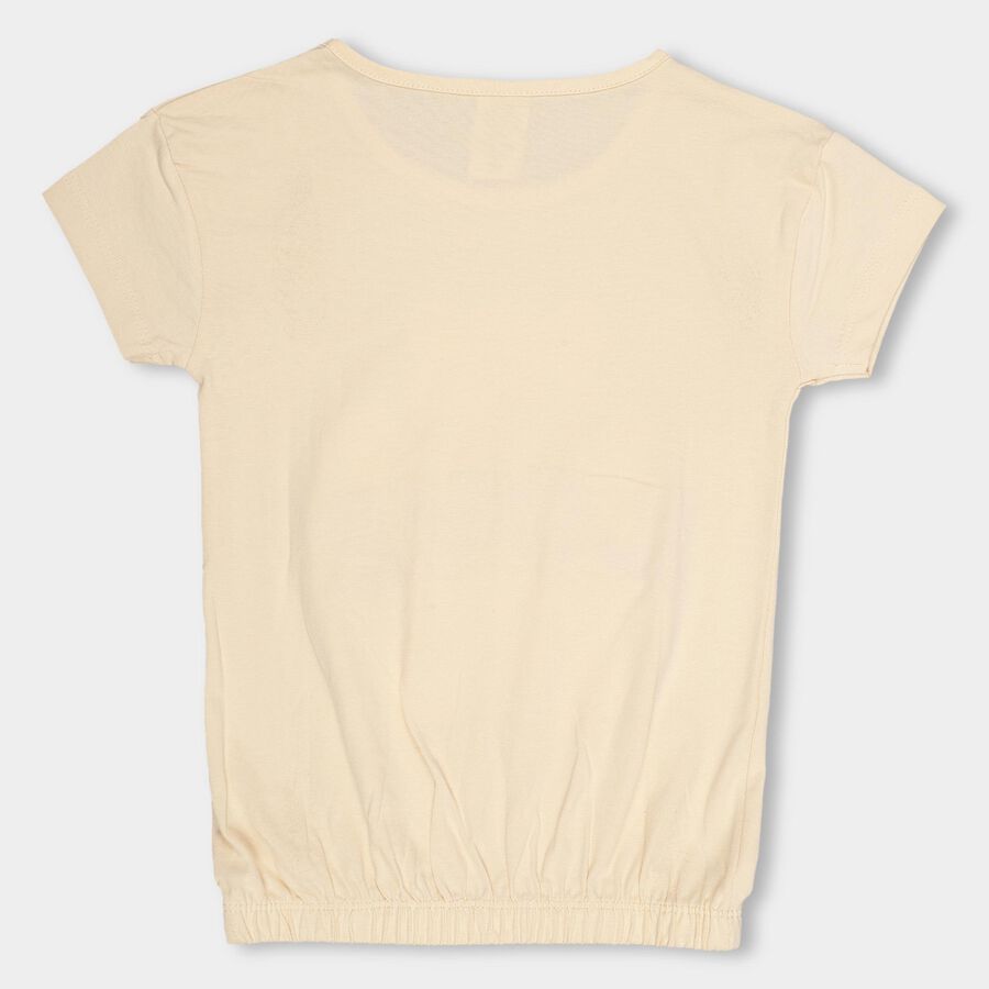 Girls' Light Beige Cotton Round Neck Casual T-Shirt, Beige, large image number null