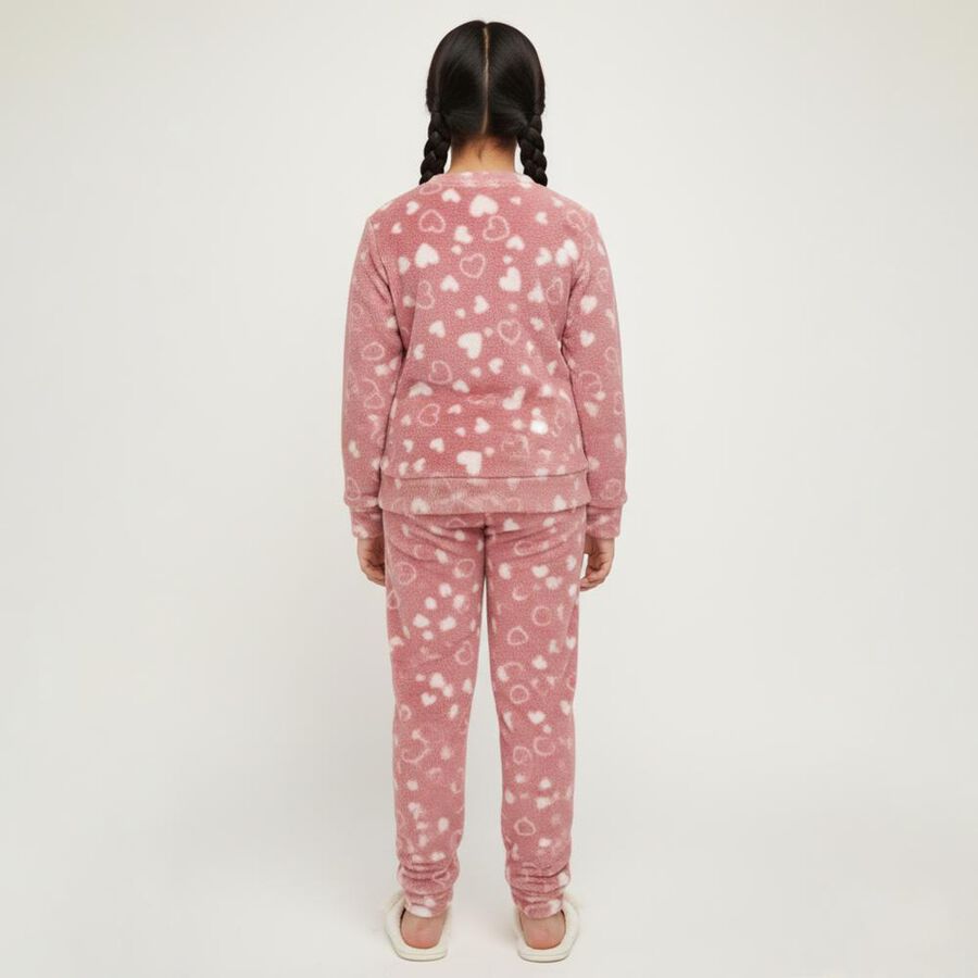 Girls' Dusty Rose Heart Printed Fleece Winter Pyjama, Pink, large image number null