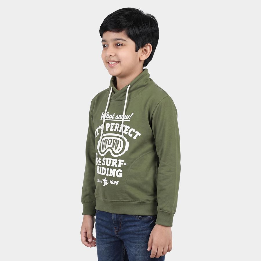 Boys' Olive Green Hooded Neck Graphic Print Sweatshirt, ओलिव, large