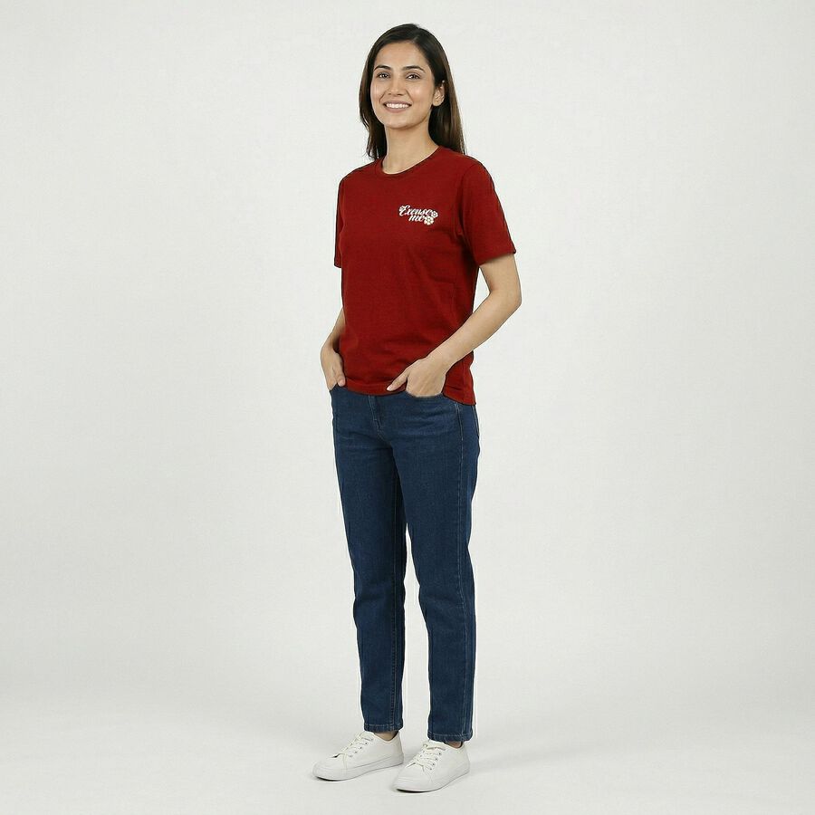 Women Rust Cotton Round Neck Casual T-Shirt, Rust, large