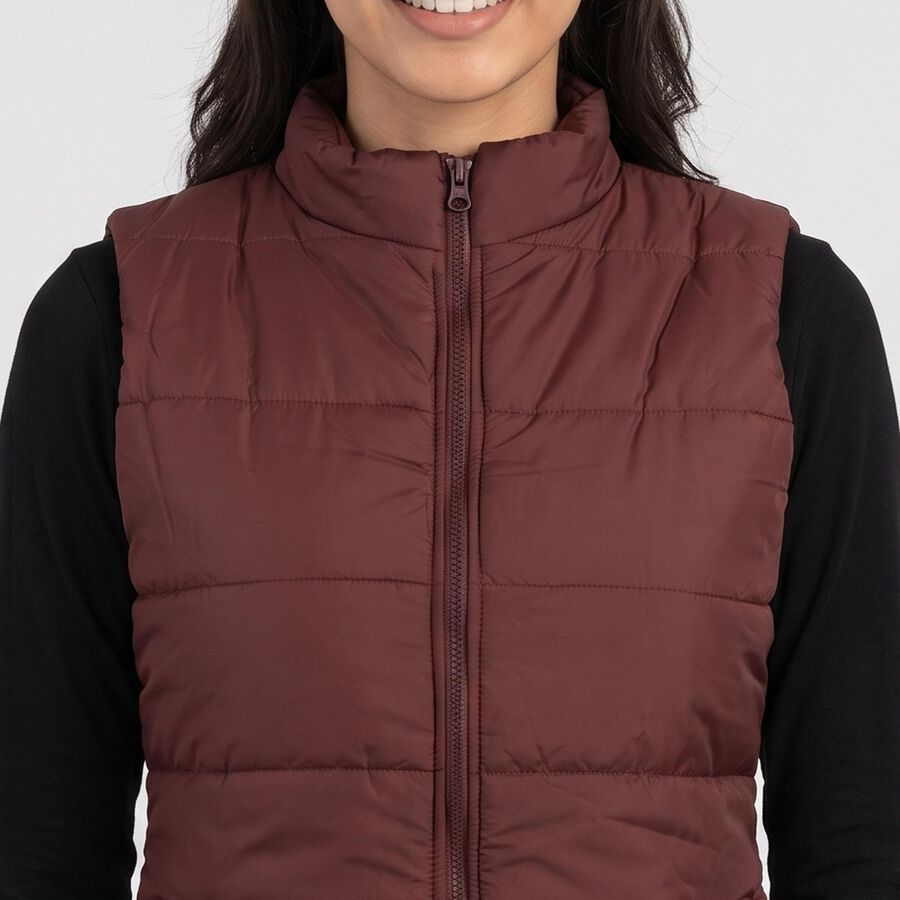Women's Maroon Stand Collar Puffer Jacket, Wine, large