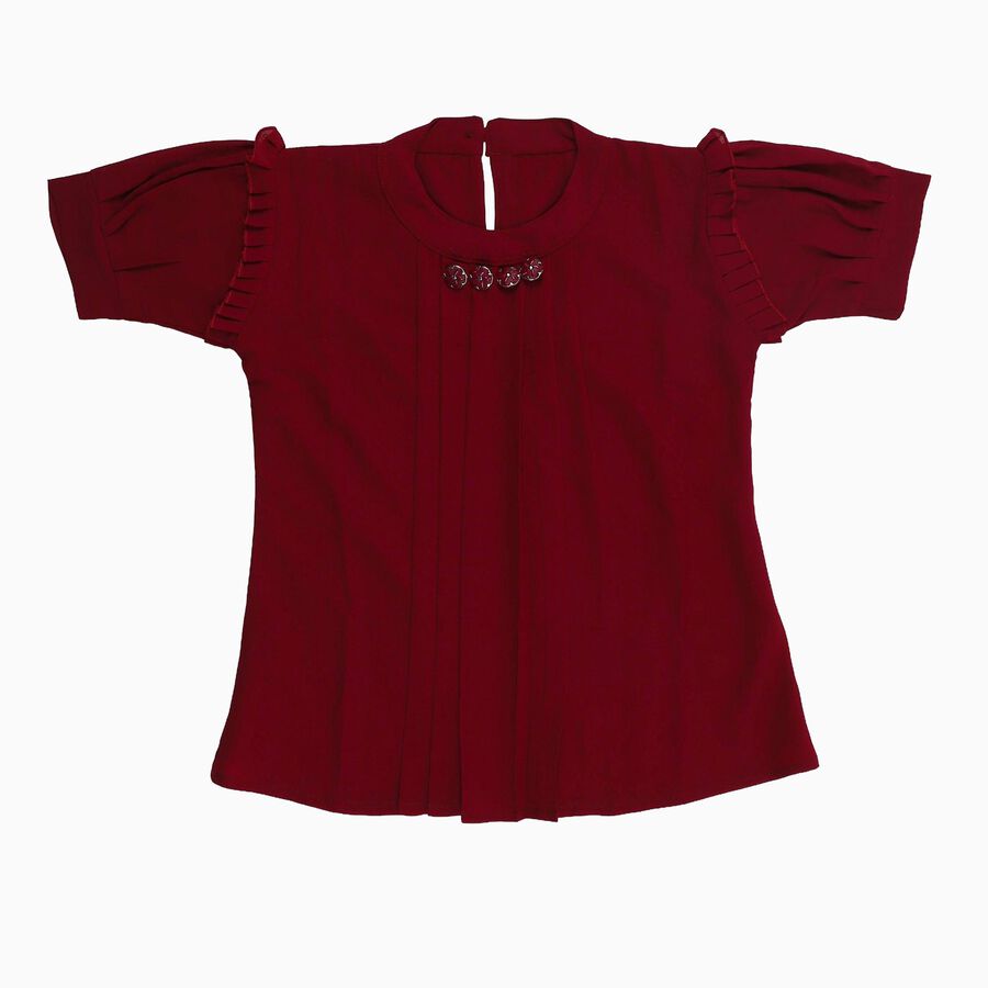 Girls' Maroon Round Neck Ruffle Sleeve T-Shirt, वाइन, large