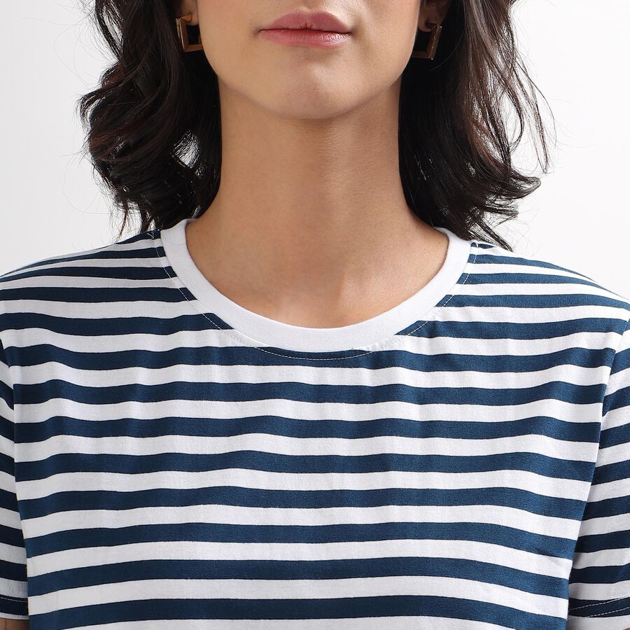 Women's Deep Midnight Navy Round Neck Striped T-Shirt, Navy Blue, large image number null