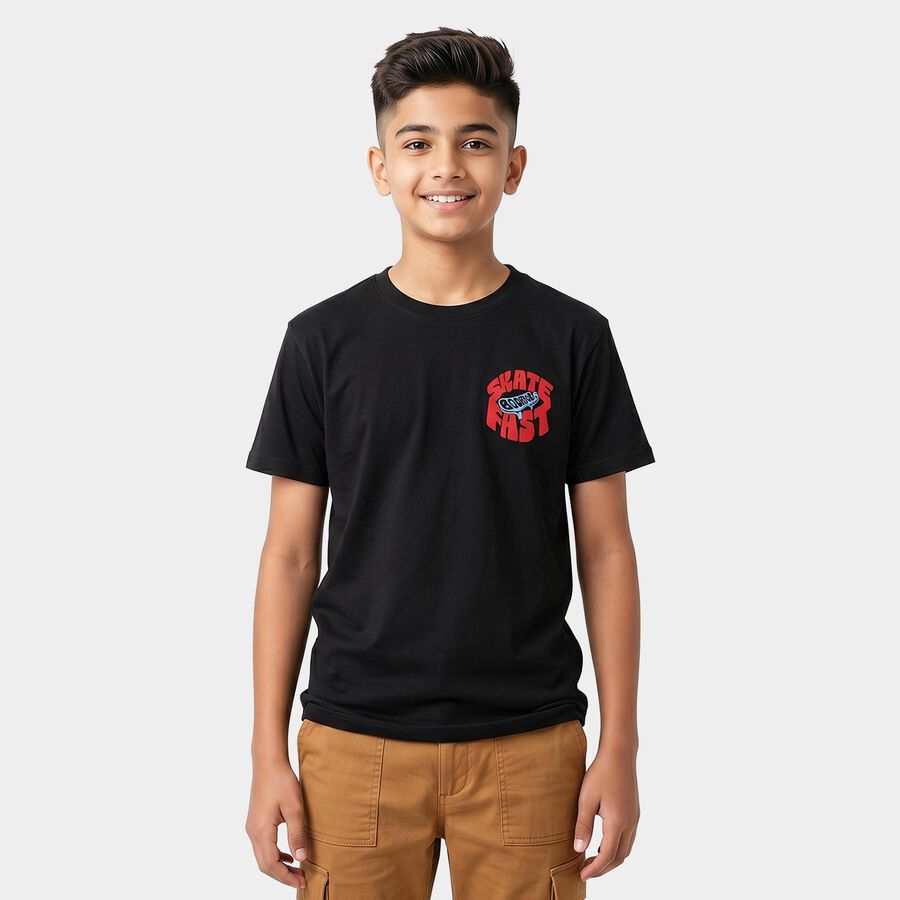 Boys Black Cotton Blend Crew Neck Regular Boys T-Shirt, काला, large
