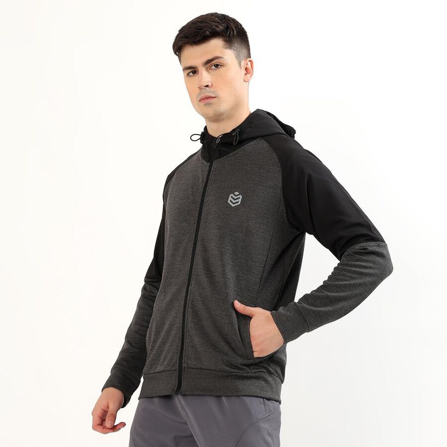 Men's Dark Charcoal Grey and Black Hooded Neck Athletic Fit Sweatshirt, मिश्रित मध्यम ग्रे, large image number null