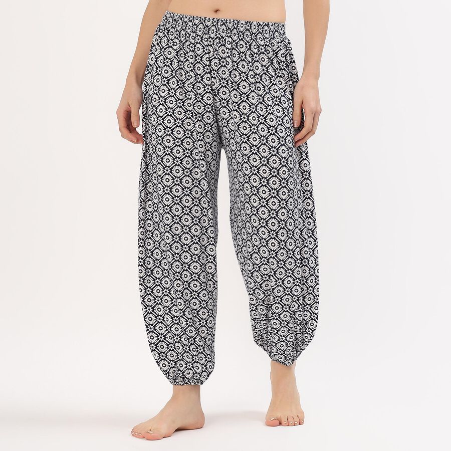 Women's Black and White Relaxed Fit Printed Harem Pants, Navy Blue, large