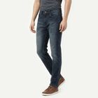 Men's Navy Blue Slim Fit Washed Jeans, गहरा नीला, small