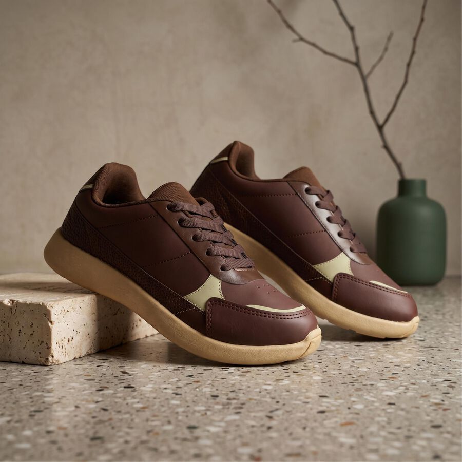 Men Brown Lace-Up Sneakers, भूरा, large