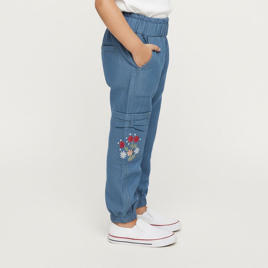 Girls' Medium Blue Relaxed Fit Embroidered Cargo Jeans, Light Blue, large image number null