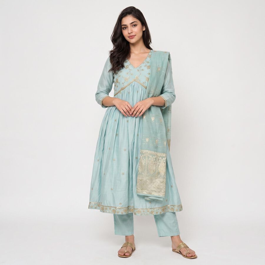 Women's Light Blue V-Neck Embroidered Kurta, हल्का नीला, large