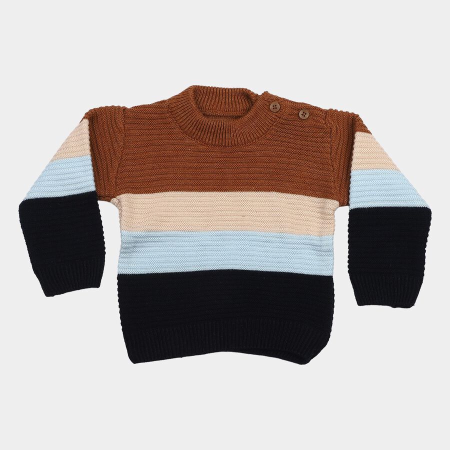 Infants' Brown Crew Neck Striped Pullover, भूरा, large