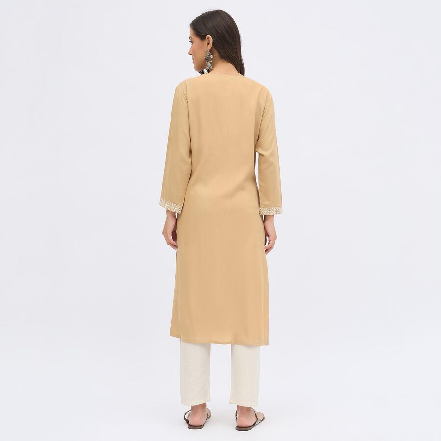 Women's Beige Round Neck Embroidered Kurta, खाकी, large image number null