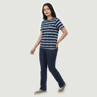 Women's Navy Blue Round Neck Striped Regular T-Shirt, नेवी ब्लू, small