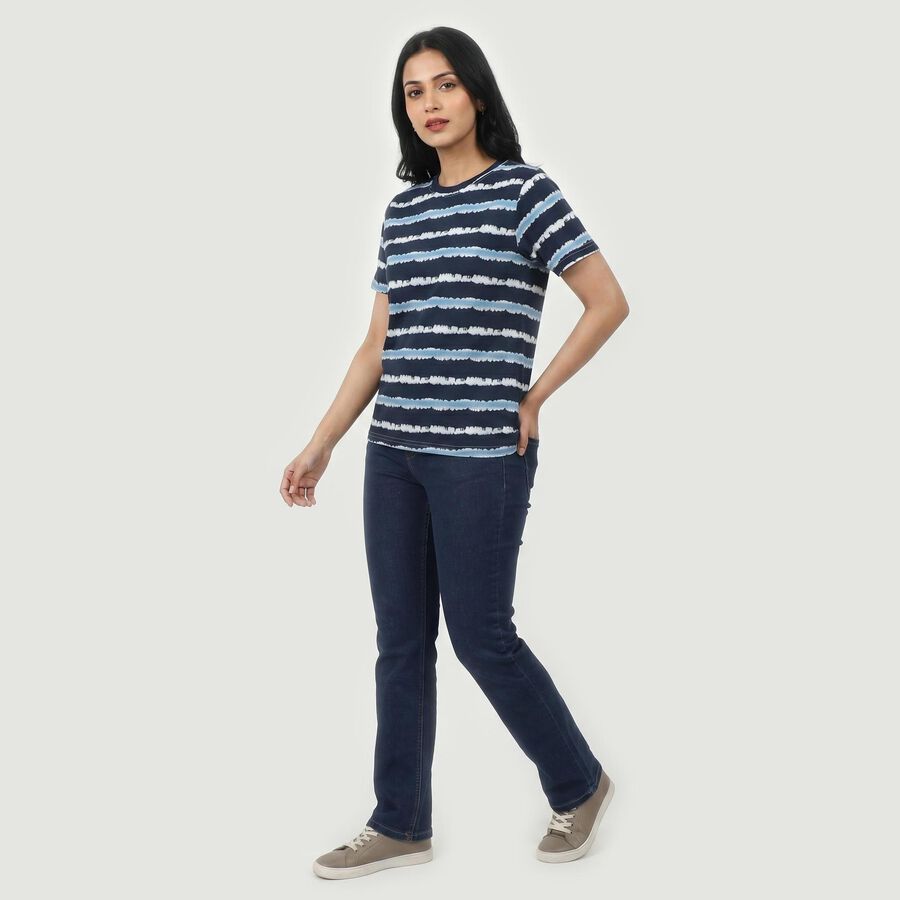 Women's Navy Blue Round Neck Striped Regular T-Shirt, नेवी ब्लू, large