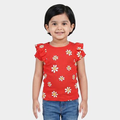 Girls Red Cotton Round Neck Regular T-Shirt