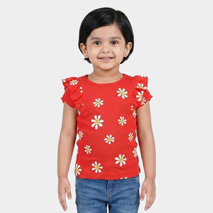 Girls Red Cotton Round Neck Regular T-Shirt, Red, large