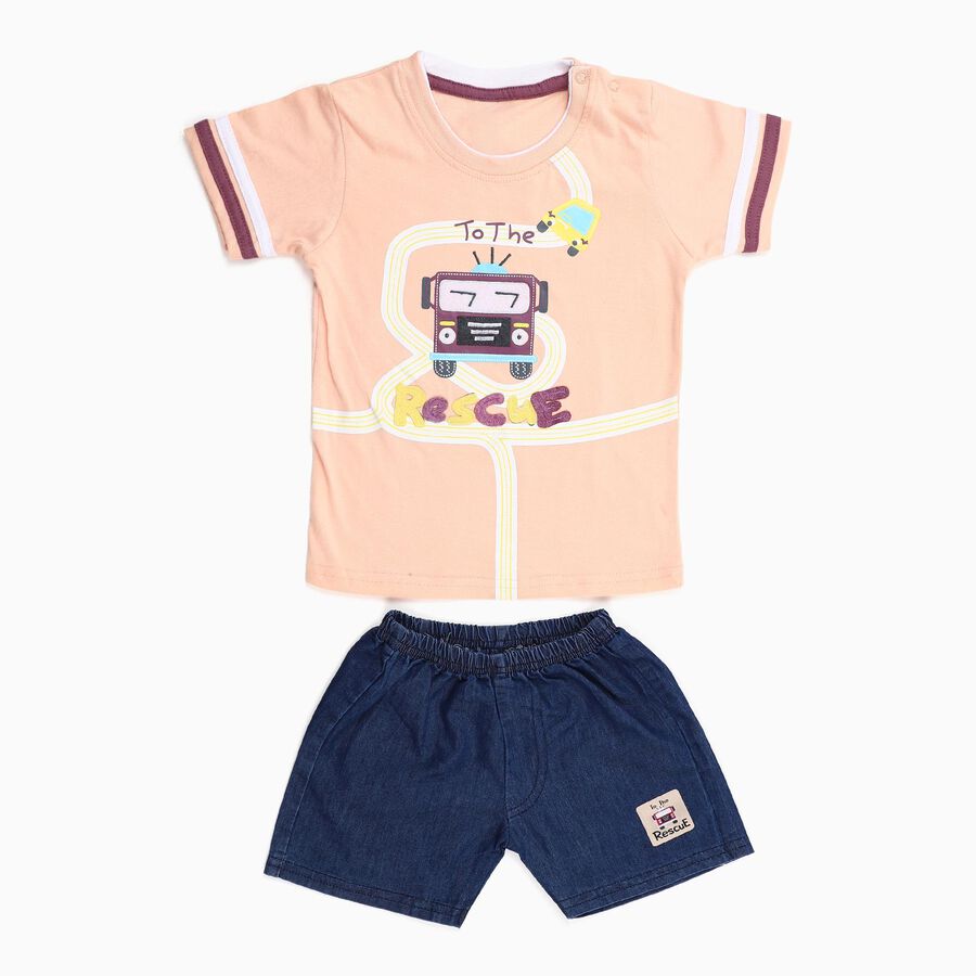 Infants' Peach Cotton Round Neck Cartoon Print Baba Suit, Peach, large