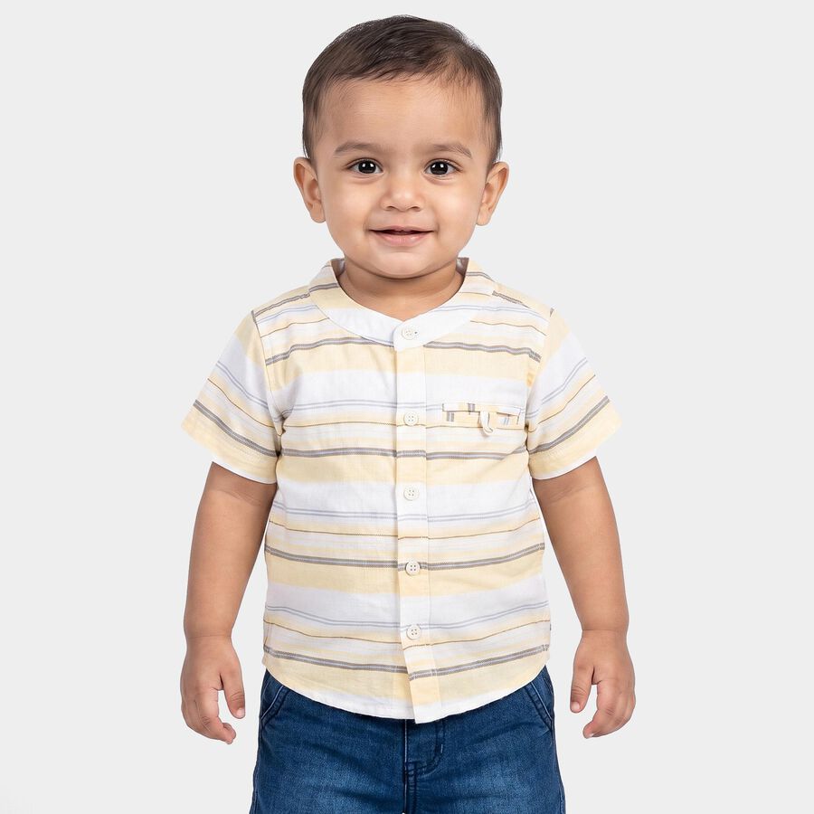 Infants' Yellow Cotton Short Sleeves Mandarin Collar Striped Shirt, Yellow, large
