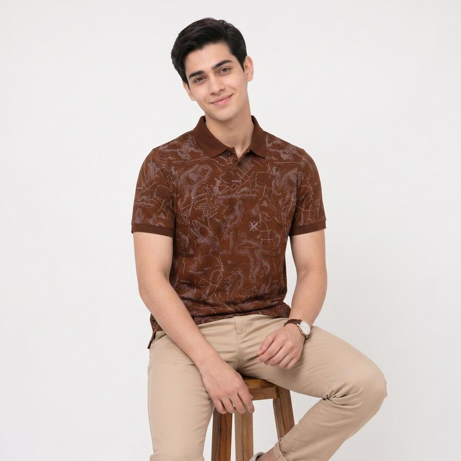 Men's Brown Cotton Polo Neck Printed T-Shirt, भूरा, large