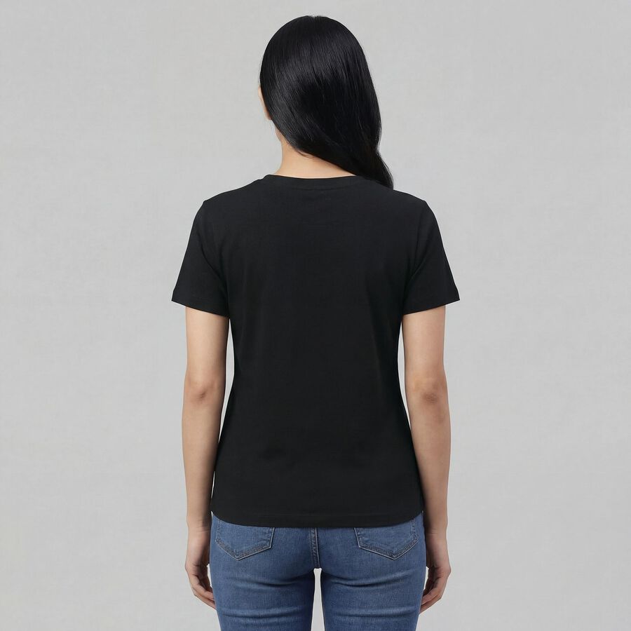 Women's Black Round Neck Minimalist T-Shirt, काला, large