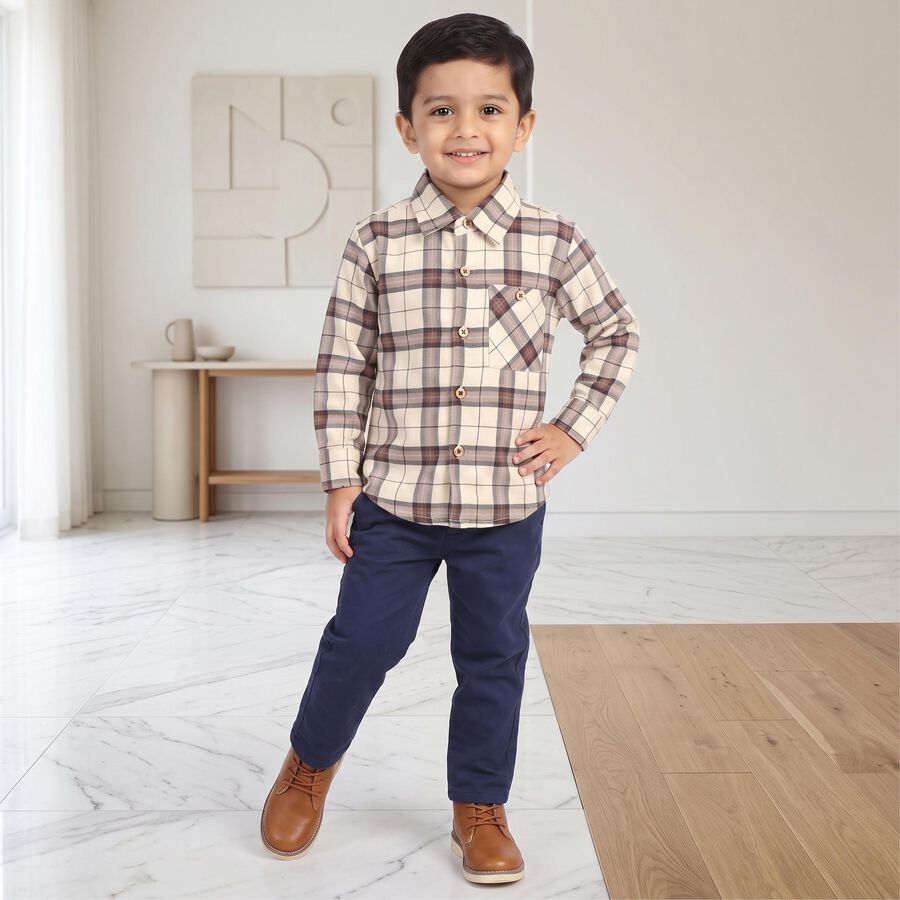 Boys Cream 100% Cotton Checked Shirt, ऑफ व्हाइट, large