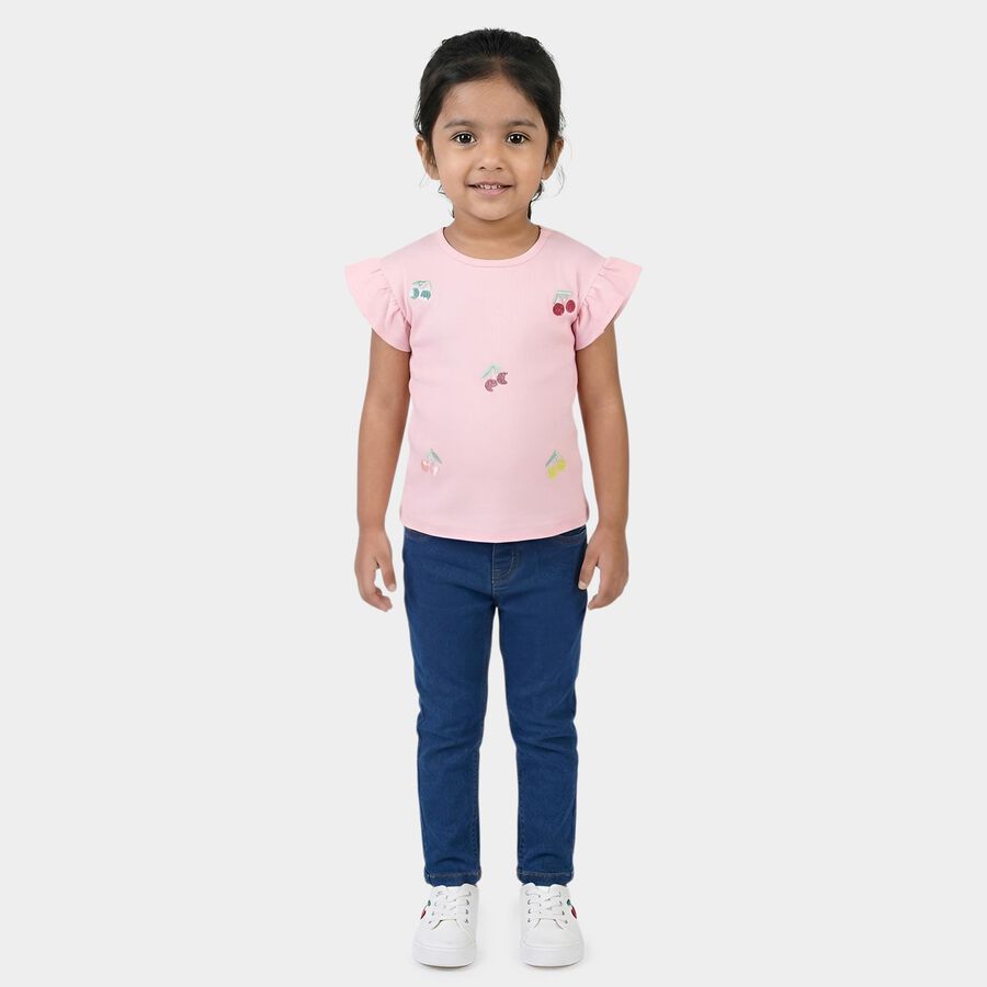 Girls' Pink Cotton Round Neck Casual T-Shirt, Light Pink, large