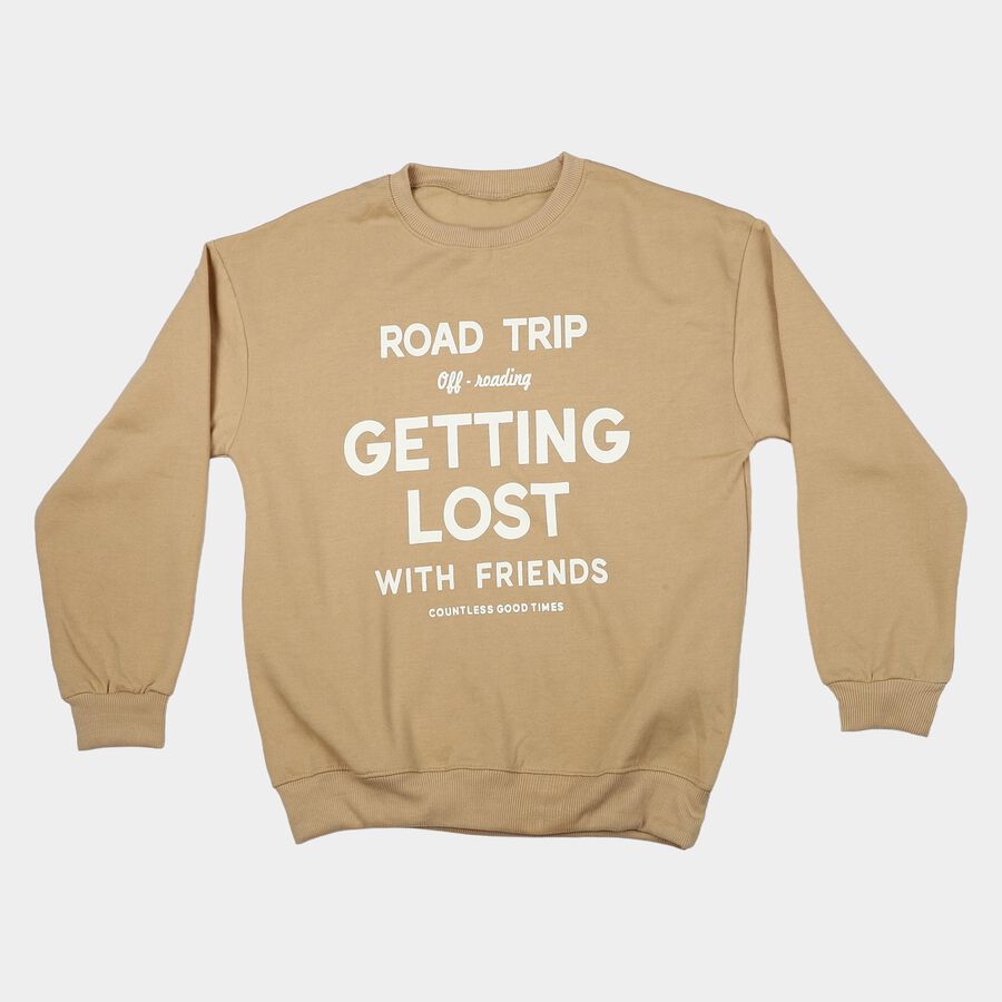 Boys' Beige Crew Neck Graphic Print Sweatshirt, गहरा पीला, large