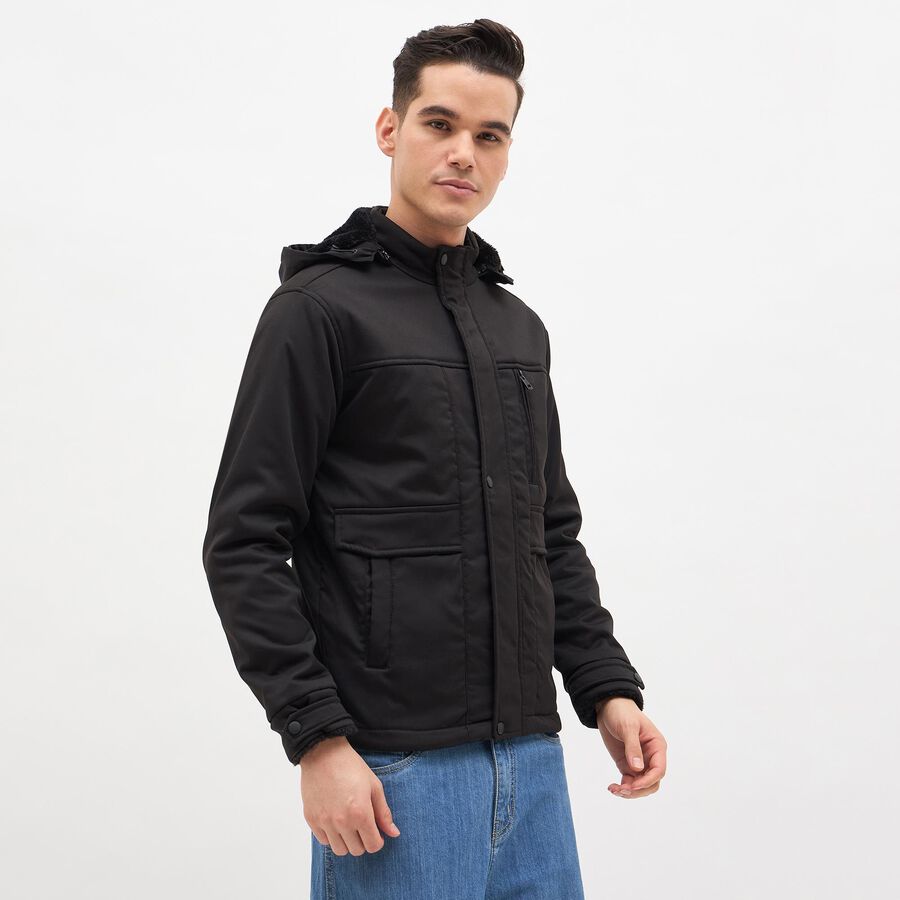 Men's Jet Black Hooded Casual Jacket, काला, large image number null