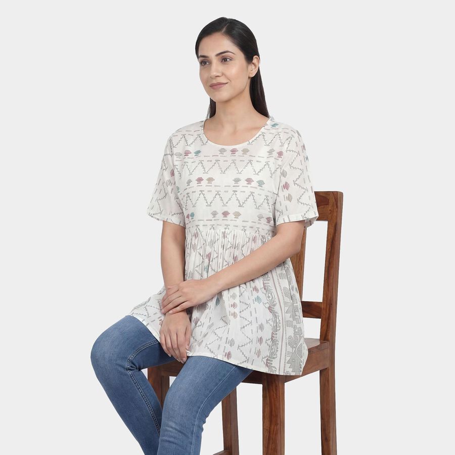Women's White Notch Neck Self Design Straight Kurti, Off White, large