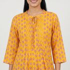 Women's Yellow Round Neck Printed Straight Kurti, Yellow, small