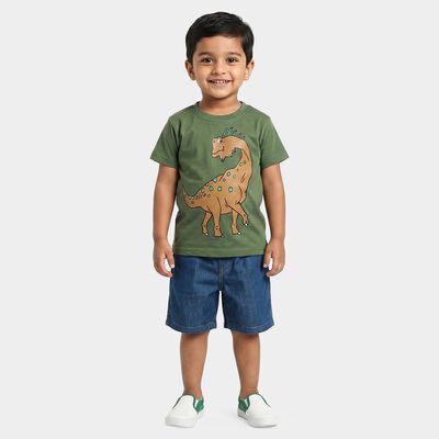 Boys Olive Green 100% Cotton Round Neck Graphic Print Baba Suit