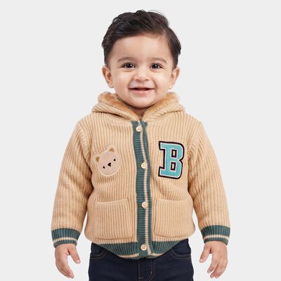 Infants Beige Hoodie Neck Knitted Design Pullover