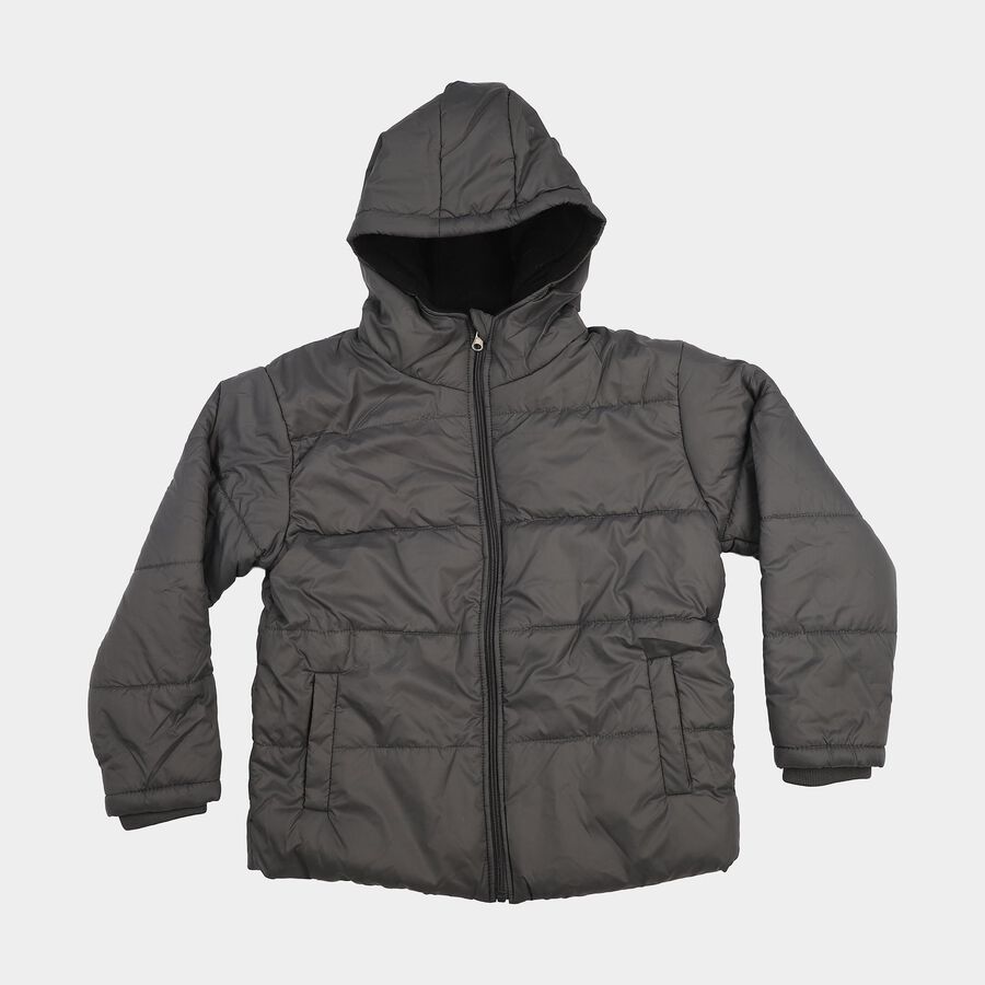 Boys Grey Hooded Puffer Jacket, Charcoal, large