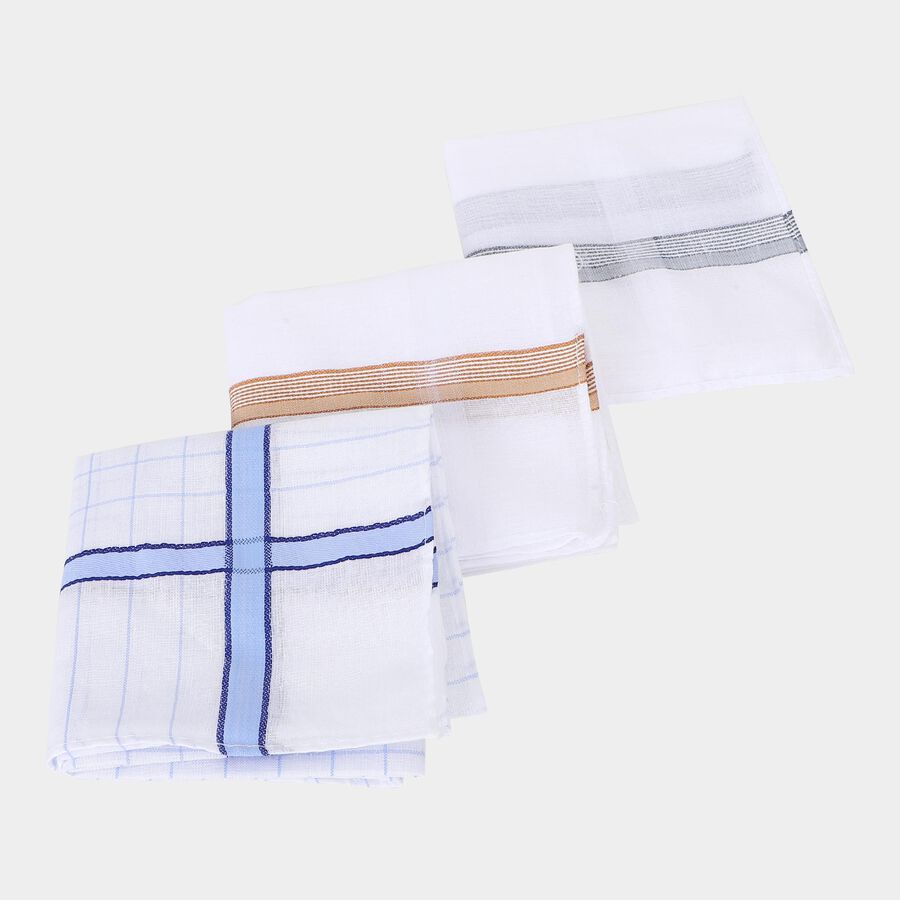 Men White Assorted Printed Pack of 3 Handkerchief, हल्का नीला, large