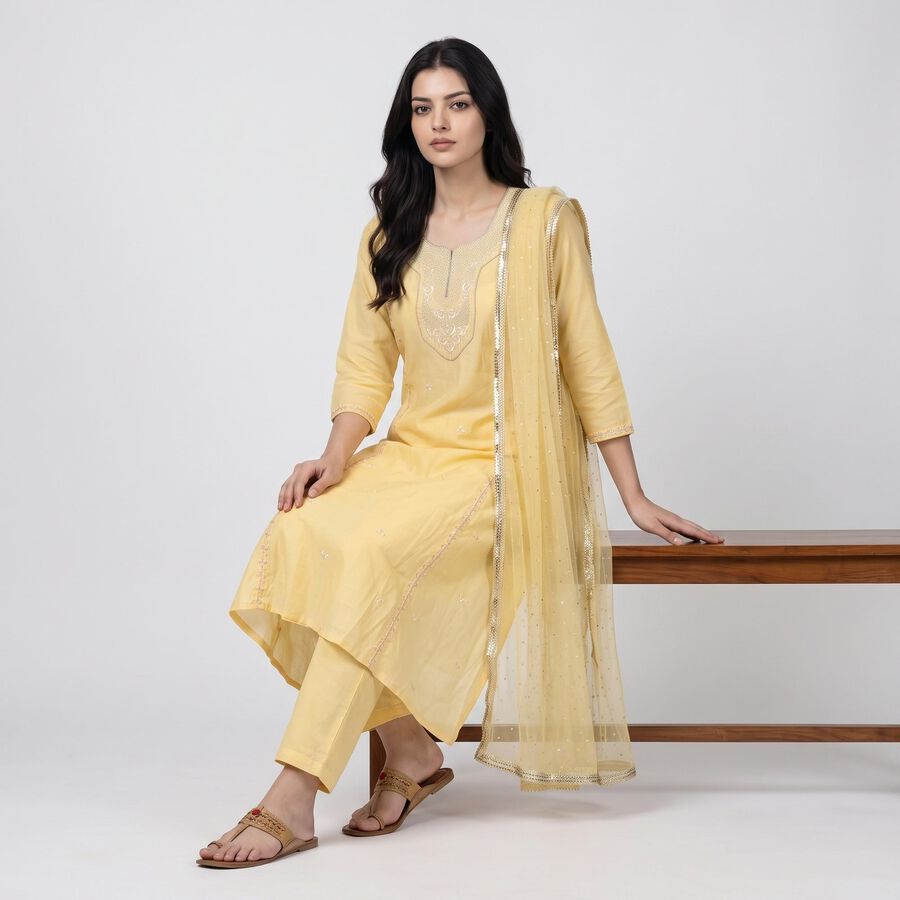 Women's Yellow Round Neck Embroidered Ethnic Set, Yellow, large