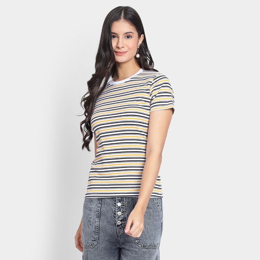 Ladies'  Stripes Round Neck T-Shirt, मस्टर्ड, large image number null