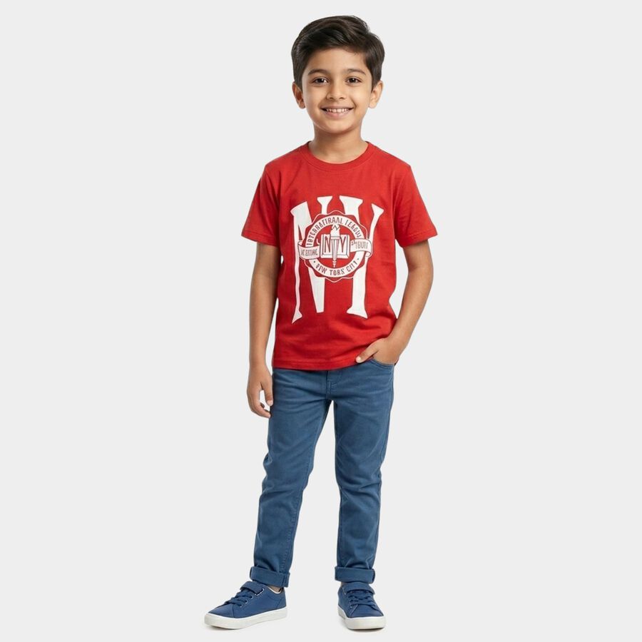 Boys Red Round Neck Casual Half Sleeve T-Shirt, Red, large