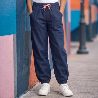 Girls' Navy Blue Jogger Fit Drawstring Jeans