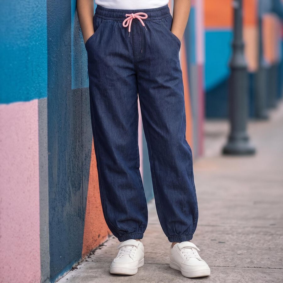 Girls' Navy Blue Jogger Fit Drawstring Jeans, मध्यम नीला, large