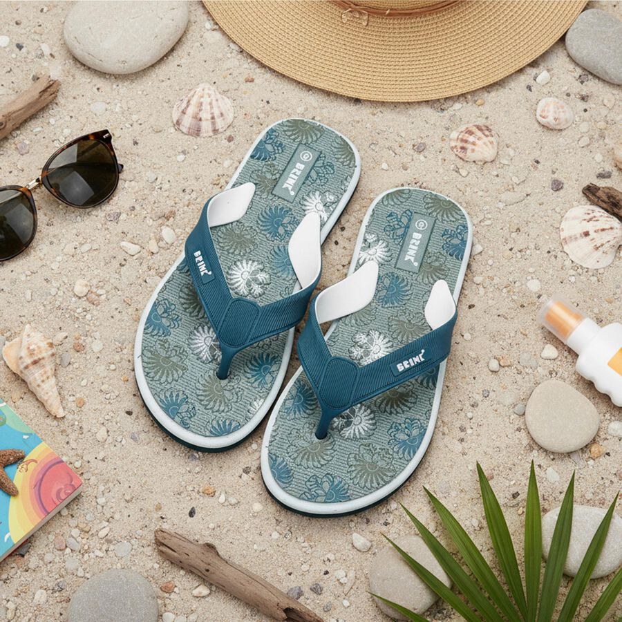 Men's Muted Teal Blue Floral Print Flip-Flops, हरा, large