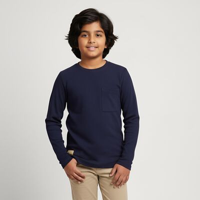 Boys' Deep Midnight Navy Blue Crew Neck Casual T-Shirt