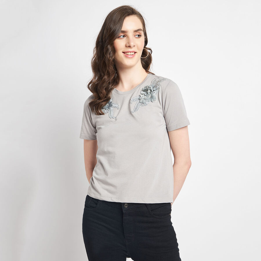Embellished Round Neck T-Shirt, Dark Grey, large image number null