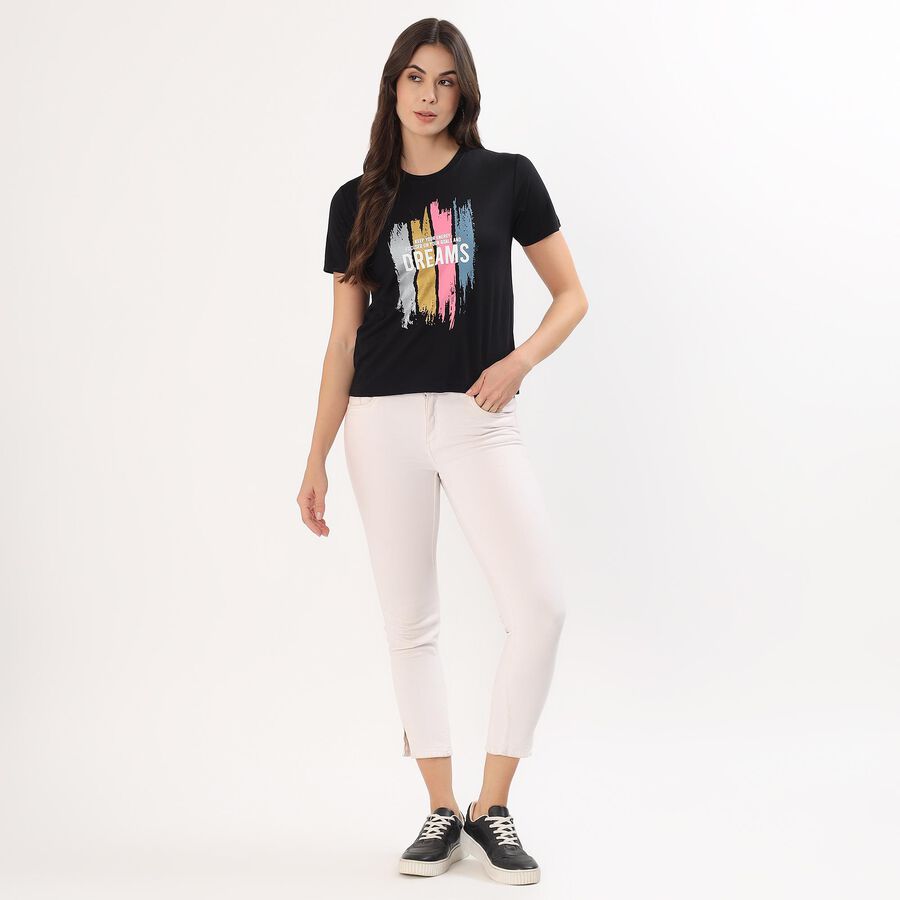 Women's Jet Black Round Neck Casual T-Shirt, Black, large