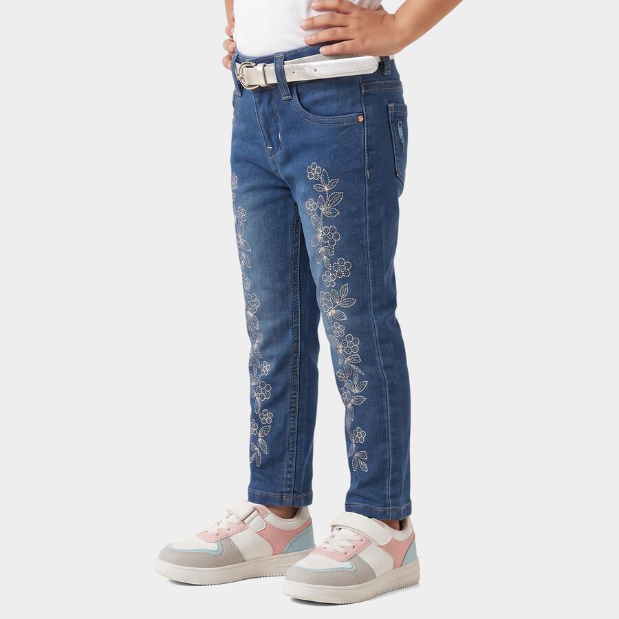 Girls Blue Straight Fit Embroidered Jeans, Mid Blue, large