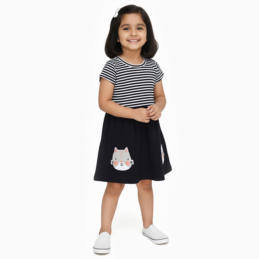 Girls' Black and White Striped Animal Applique Casual Frock, Navy Blue, large image number null
