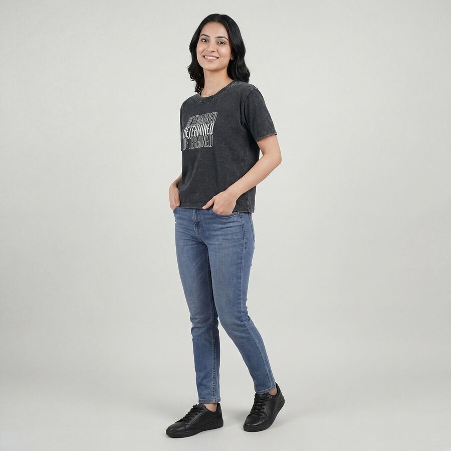 Women Black Round Neck Graphic T-Shirt, काला, large