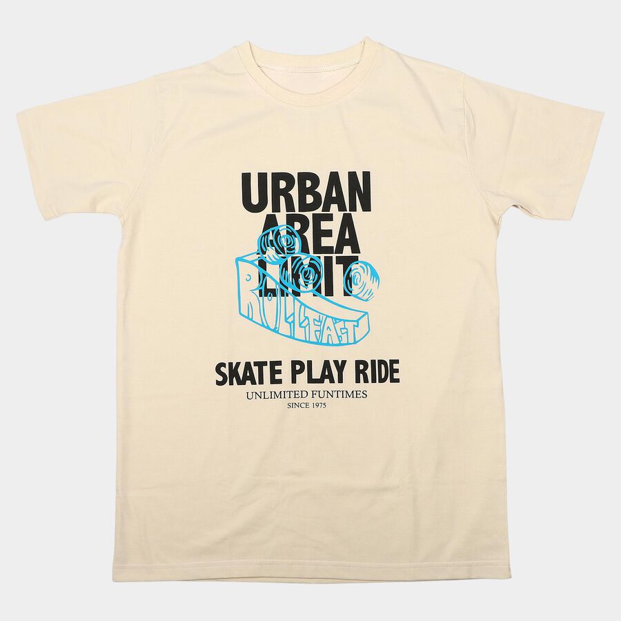Boys' Off White Round Neck Regular Boys T-Shirt, Off White, large